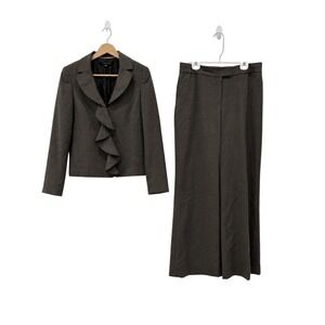 Anne Klein 2 Piece Pantsuit Size 12 Gray Wool Blend Ruffle Jacket Wide Leg Pants